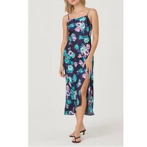 NEW ASTR The Label Satin Floral Cowl Neck Midi Dress Blue Midnight